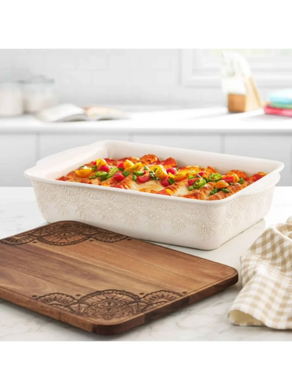 The Pioneer Woman Home White Vintage Lace Ceramic Casserole Baking Wood Lid Dish